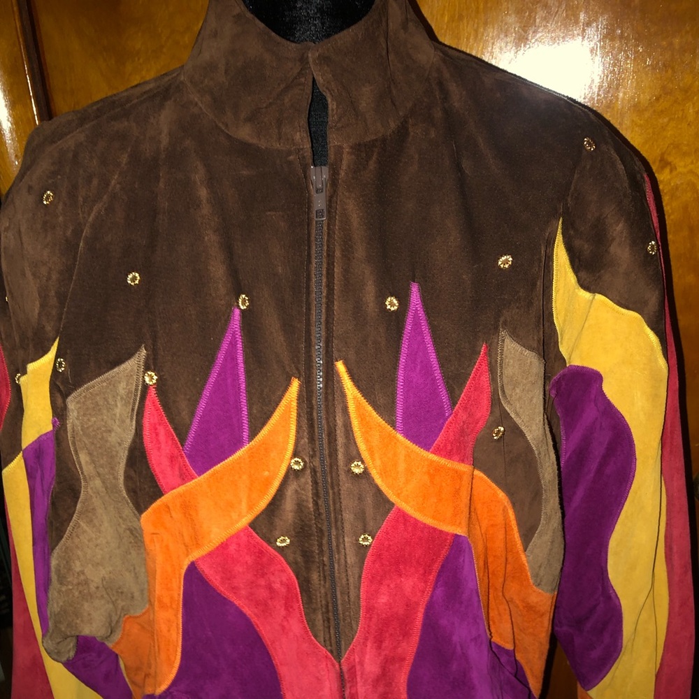 Multi colored genuine suede jacket.